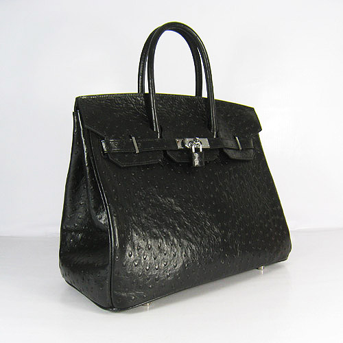 High Quality Fake Hermes Birkin 35CM Ostrich Veins Handbag Black 6089 - Click Image to Close